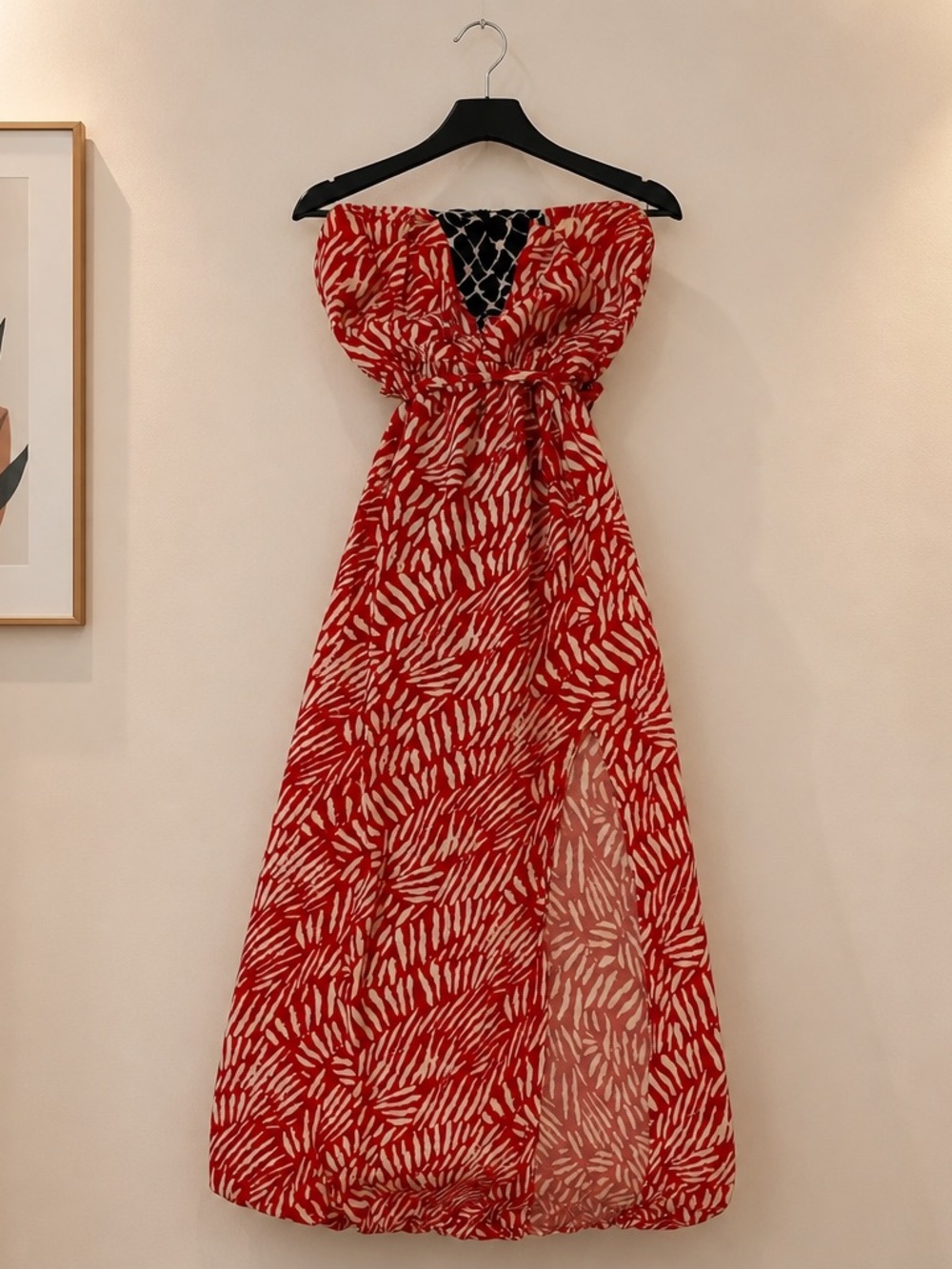 THML Strapless Red and Cream Printed Maxi Dress